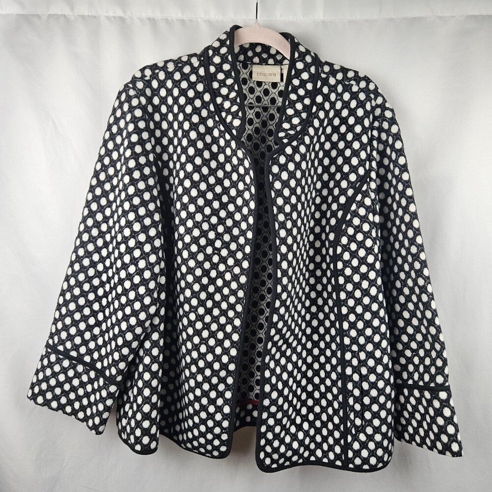 Chico's Womens Soft Fleece Black White Polka Dot Coat Jacket Top Size 3 - Picture 1 of 6